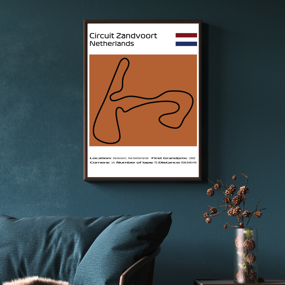 Circuit van Zandvoort Oranje Poster - Historische Grand Prix Kaart Geslaagd