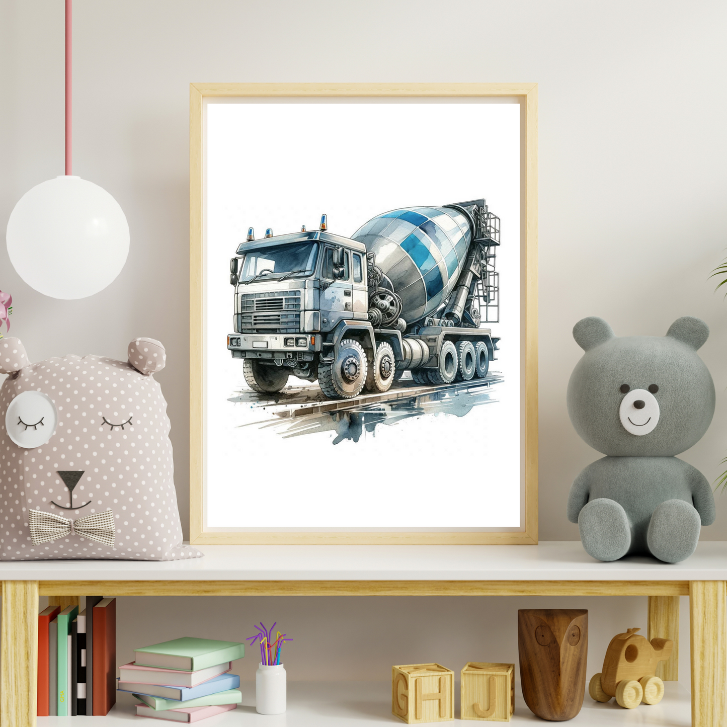 Bouwplaats Drieluik Posters - Cementwagen, Graafmachine & Hijskraan - Perfect voor Kinderkamer
