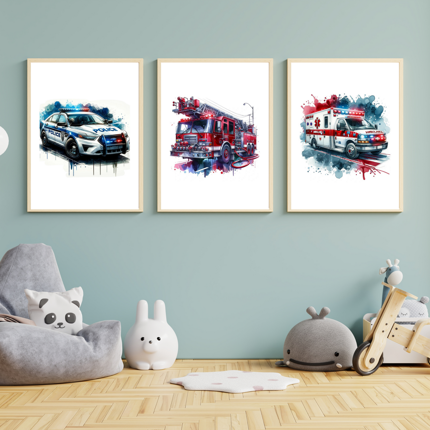 Kinderkamer Posters Drieluik - Politieauto, Brandweerwagen & Ambulance