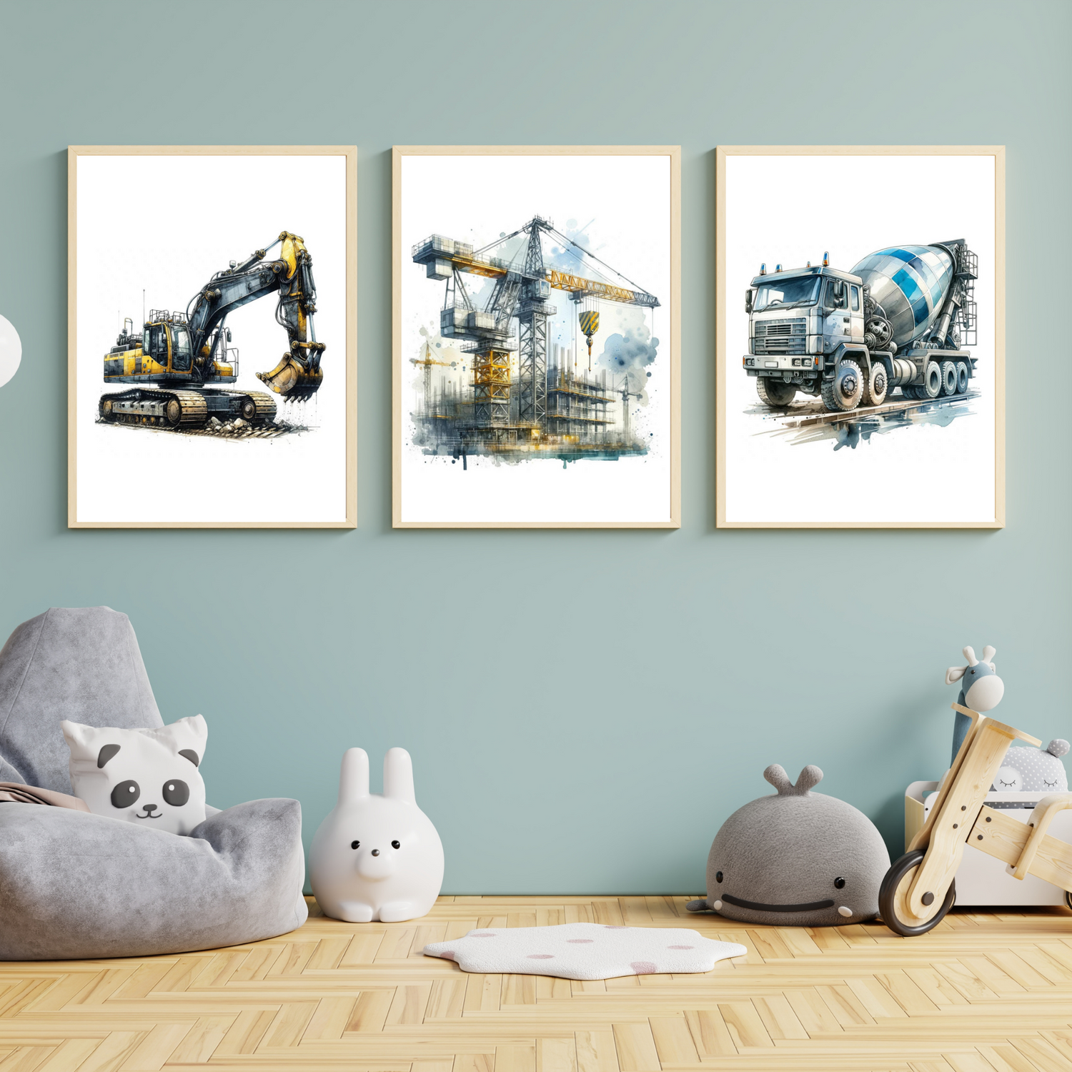 Bouwplaats Drieluik Posters - Cementwagen, Graafmachine & Hijskraan - Perfect voor Kinderkamer